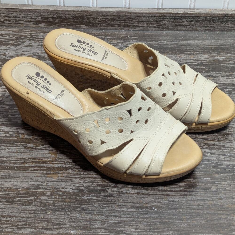 Spring Step Women's Sand Leather Upper Slip On Wedge Comfort Sandal Size 39